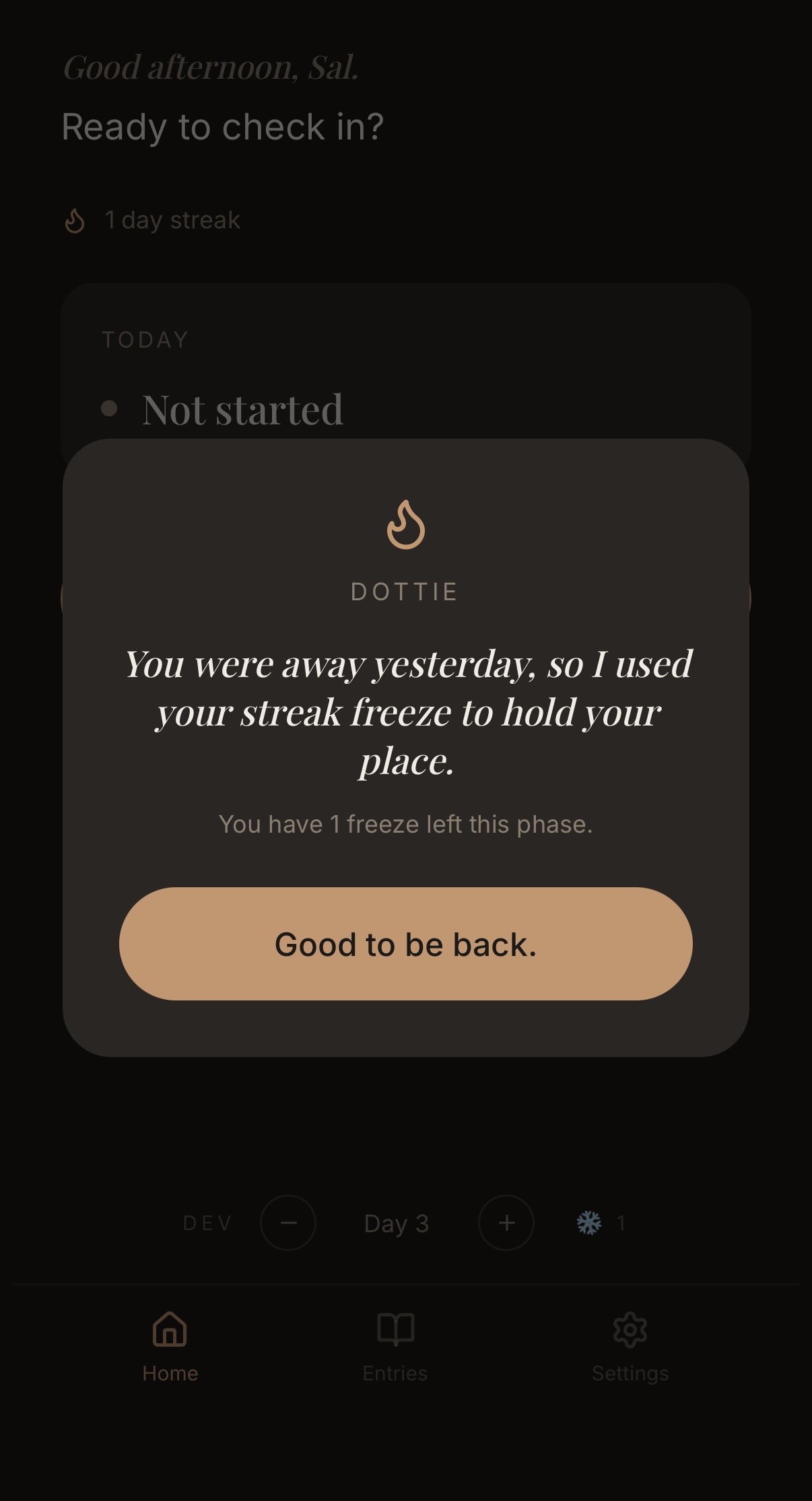 .dot. check-in screen