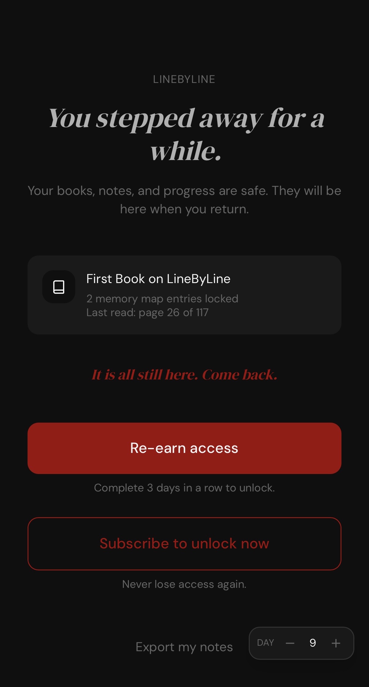 LineByLine re-earn screen